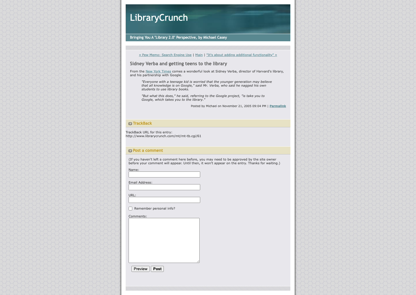 Screenshot preview of Sidney Verba and getting teens to the library