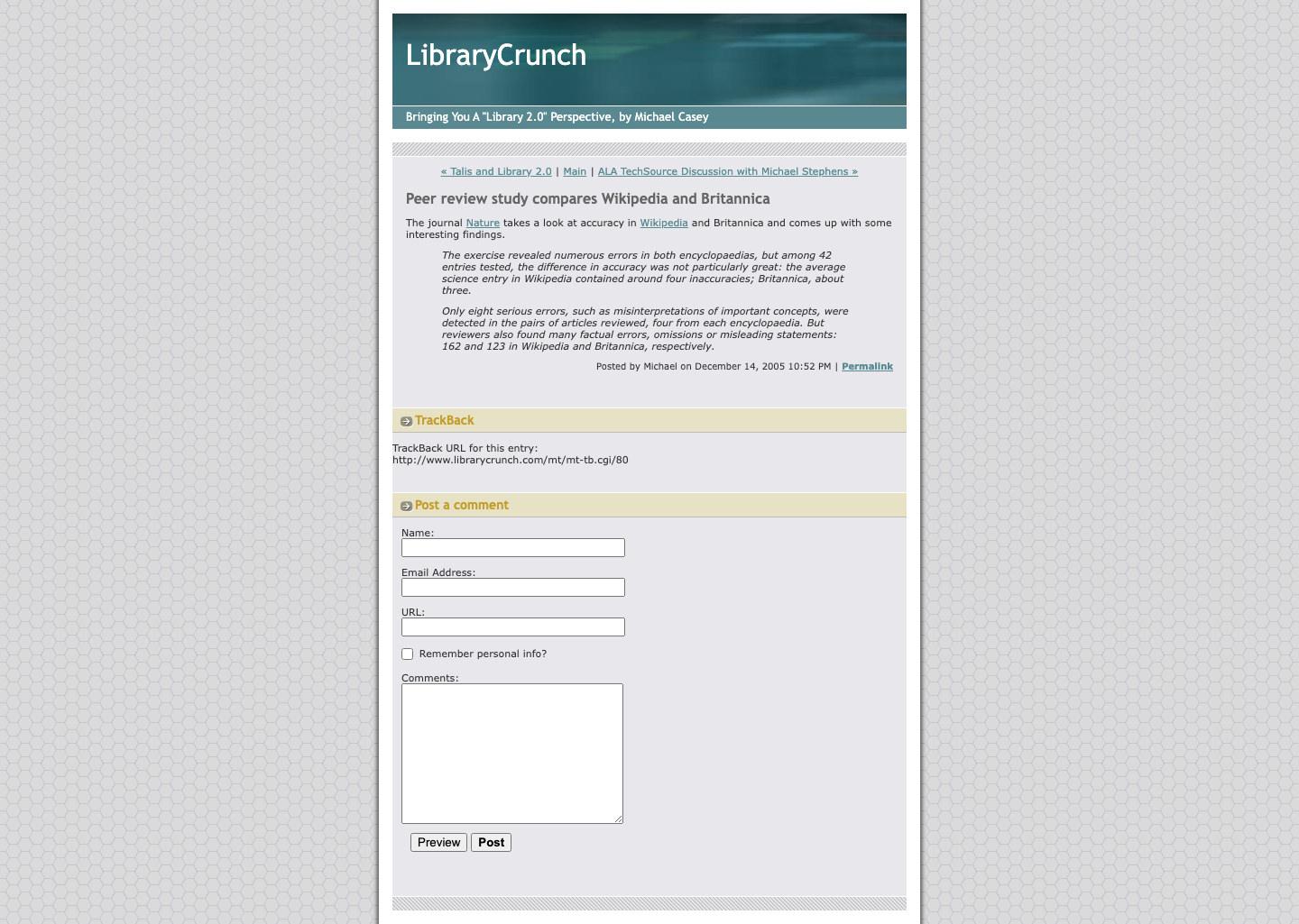 Screenshot preview of Peer review study compares Wikipedia and Britannica