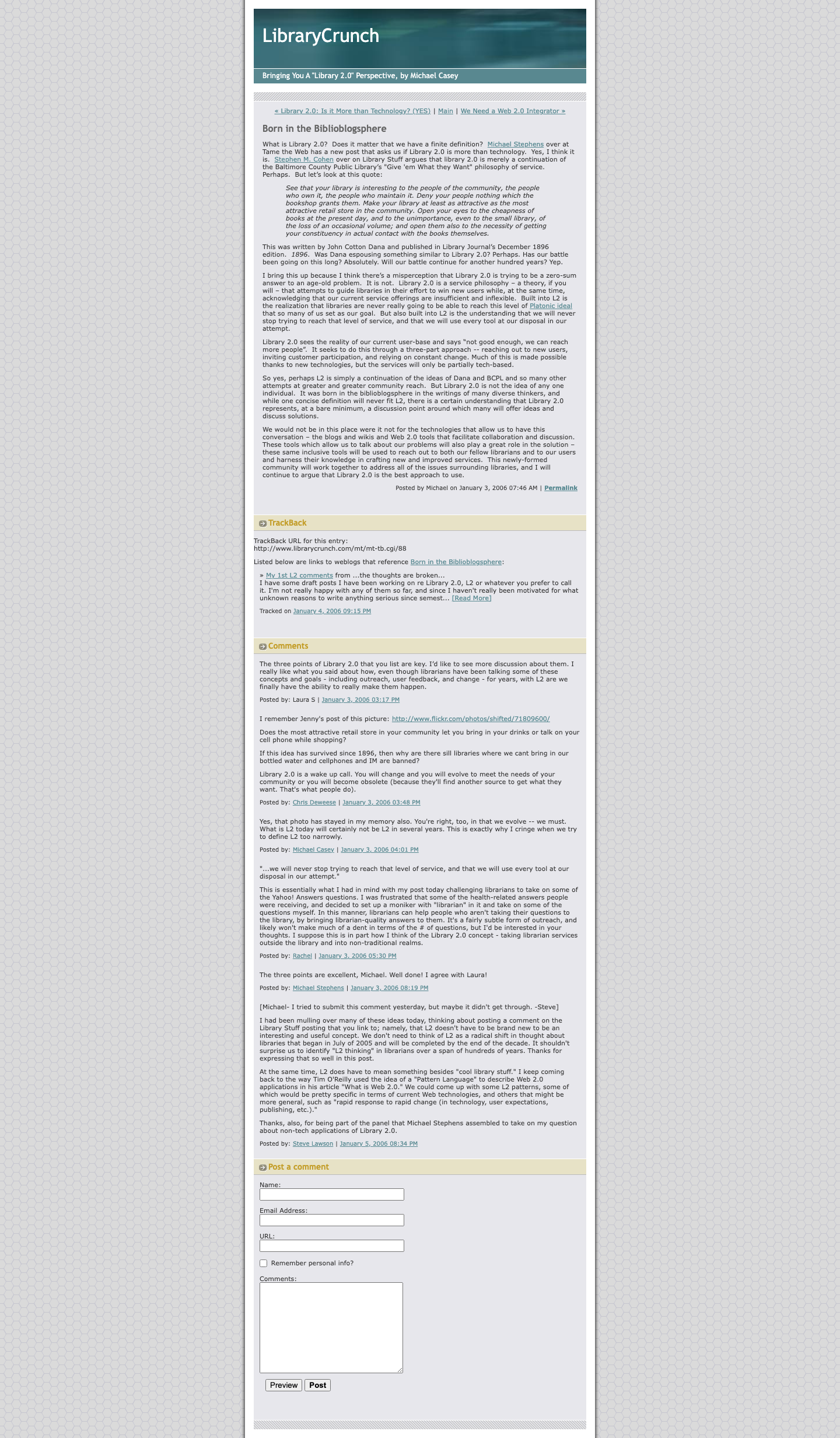 Screenshot preview of Born in the Biblioblogsphere