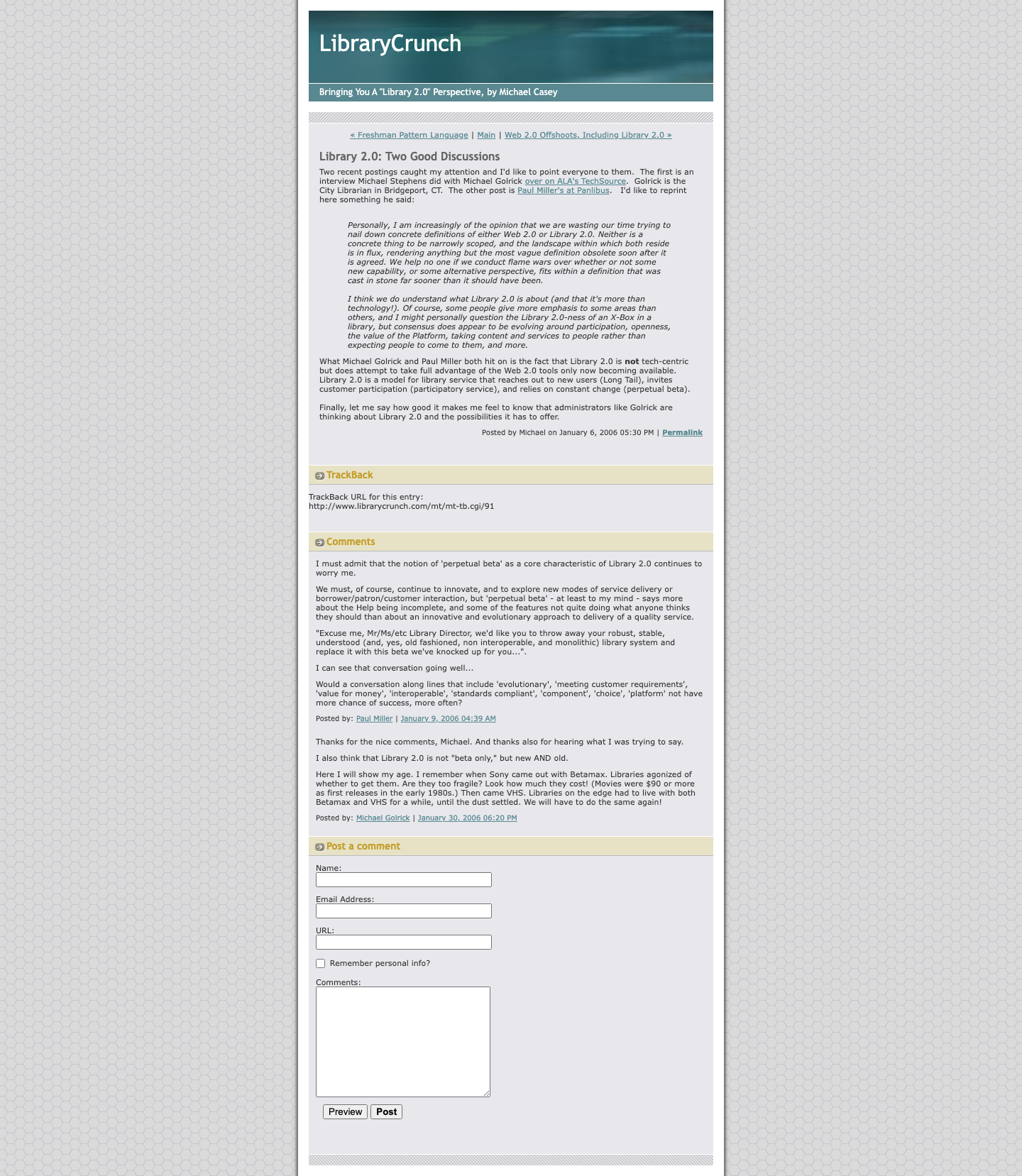 Screenshot preview of Library 2.0: Two Good Discussions