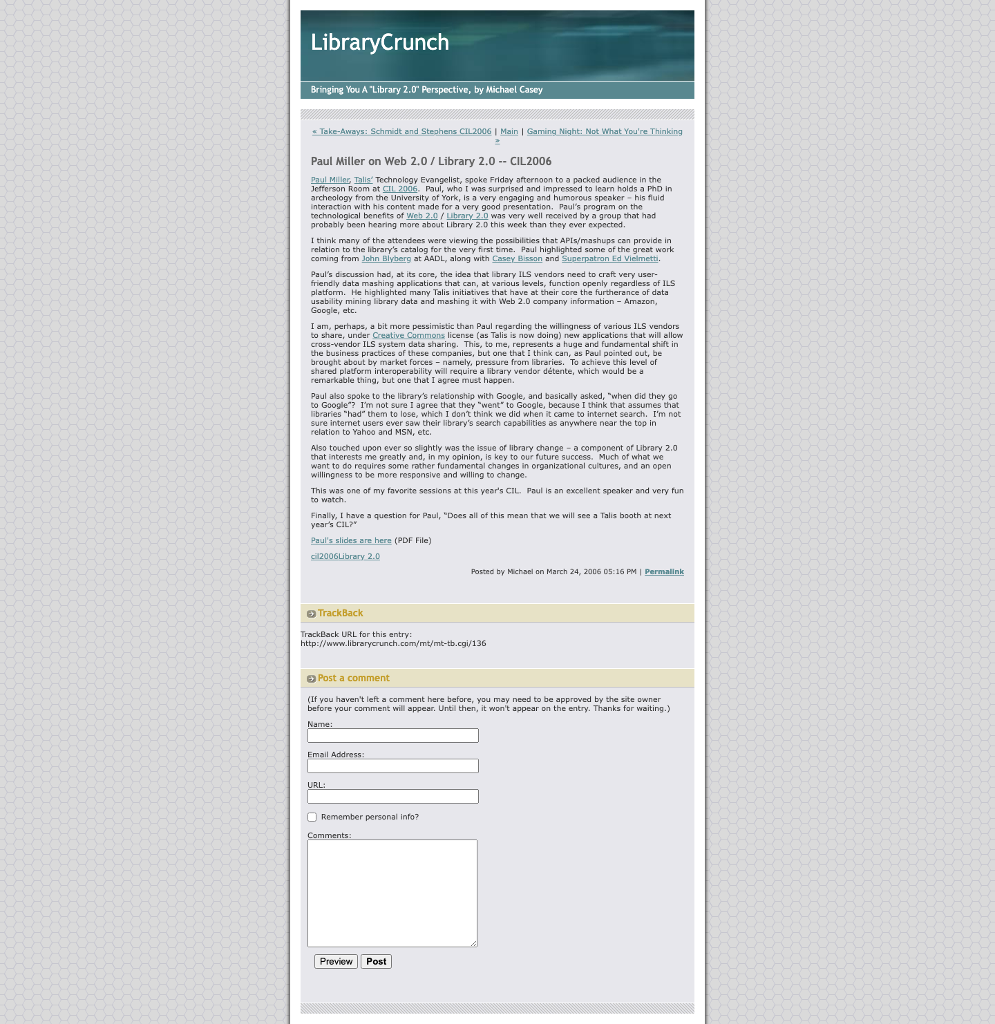 Screenshot preview of Paul Miller on Web 2.0 / Library 2.0 -- CIL2006