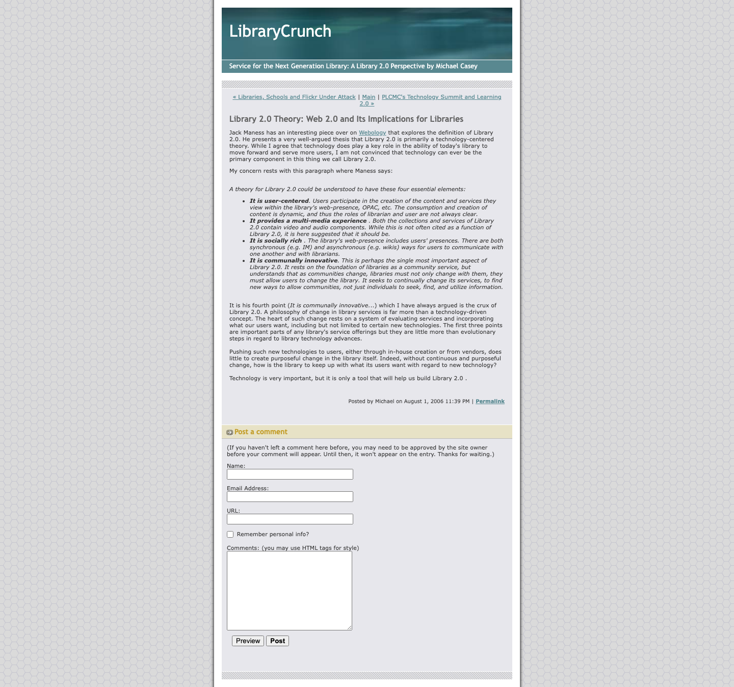 Screenshot preview of Library 2.0 Theory: Web 2.0 and Its Implications for Libraries