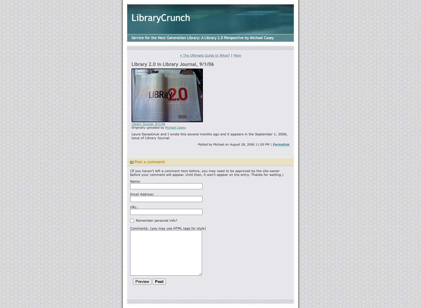 Screenshot preview of Library 2.0 in Library Journal, 9/1/06