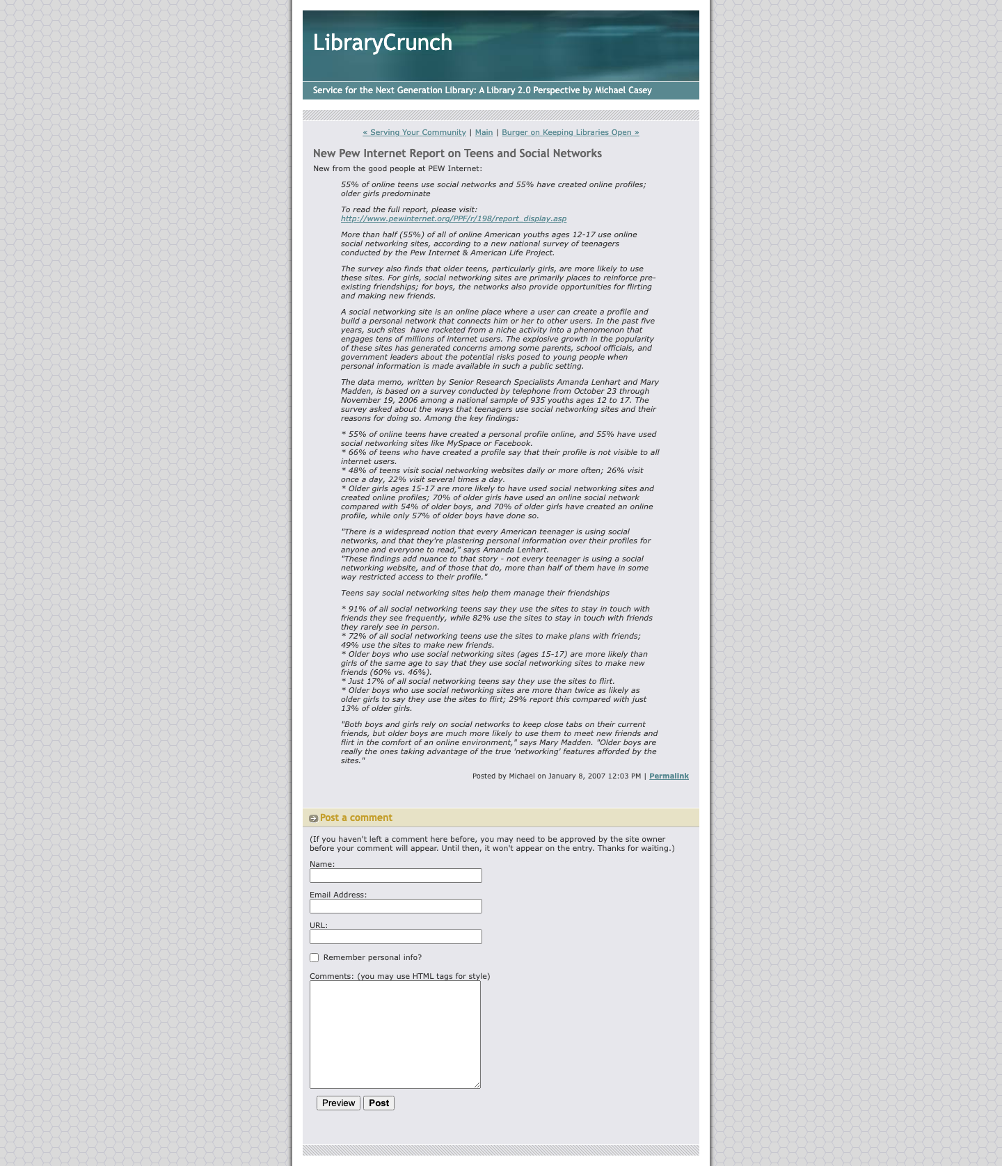 Screenshot preview of New Pew Internet Report on Teens and Social Networks