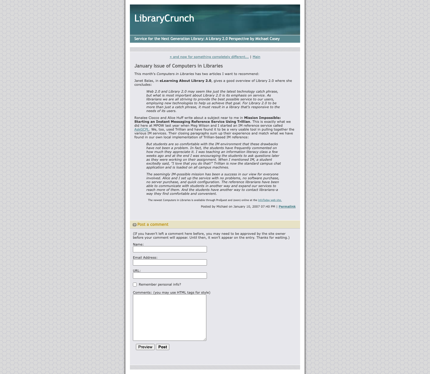 Screenshot preview of January Issue of Computers in Libraries