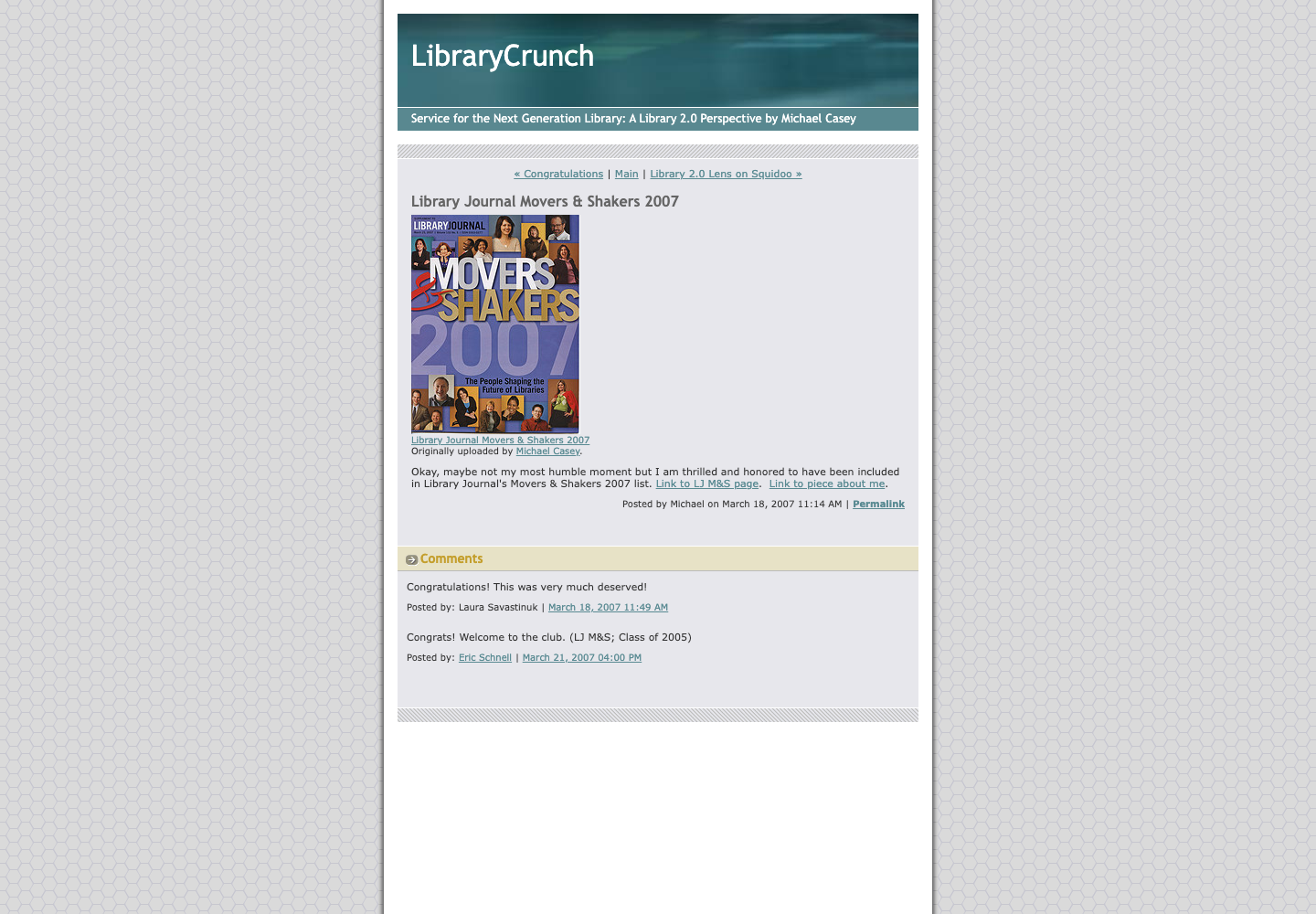 Screenshot preview of Library Journal Movers & Shakers 2007