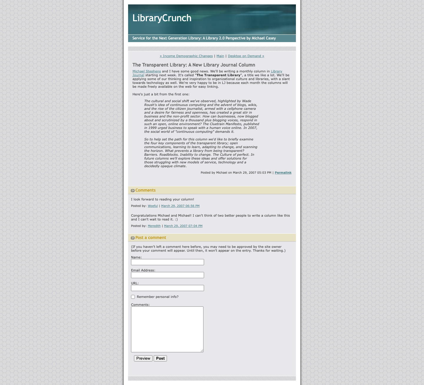 Screenshot preview of The Transparent Library: A New Library Journal Column